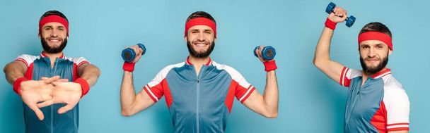 collage of smiling stylish sportsman exercising with dumbbells on blue background - Photo, Image