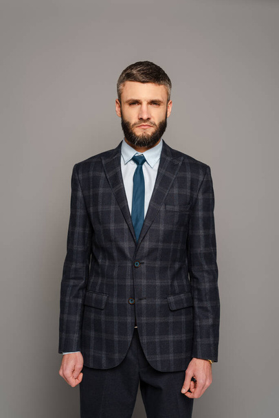 serious handsome bearded businessman in suit on grey background - 写真・画像