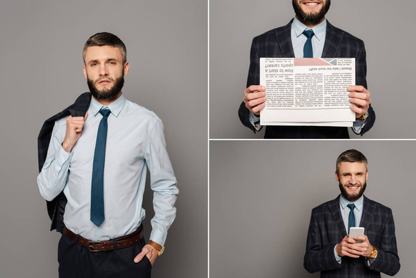 collage of handsome bearded businessman in suit with newspaper and smartphone on grey background - Фото, изображение