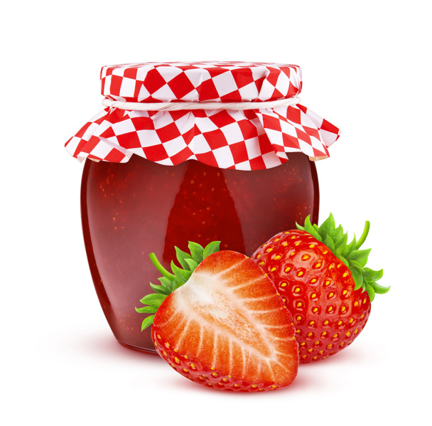 Tarro de mermelada de fruta de fresa aislado sobre fondo blanco - Foto, imagen