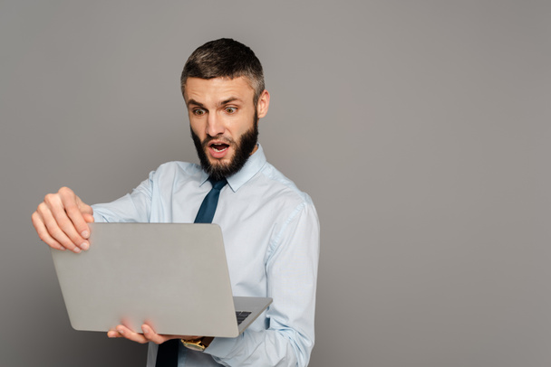chocado bonito barbudo empresário com laptop no fundo cinza
 - Foto, Imagem