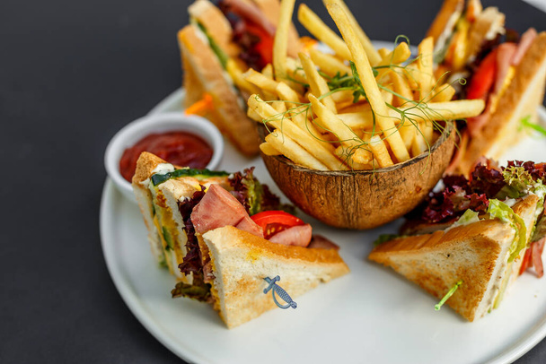 club sandwich with french fries and ketchup - Photo, Image
