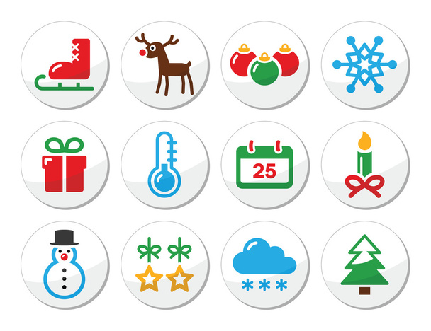 Christmas winter colorful icons set as round labels - Vecteur, image
