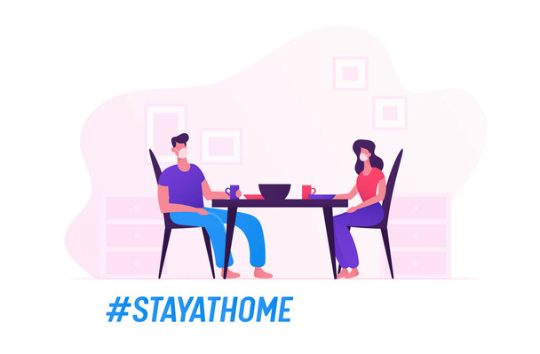 Happy Family Characters Wear Medical Masks Eating Together Staying at Home during Covid19 Quarantine Self Isolation. Couple Sitting at Table on Kitchen Having Meal. Cartoon Vector People Illustration - Vector, Image