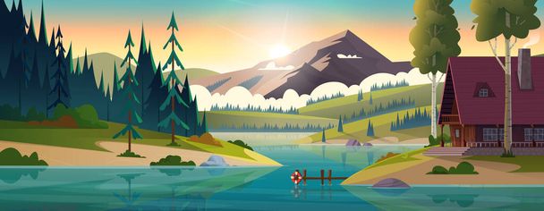 Hut by the river in frjnt of rocky mountains. House on the shore of a clean mountain lake. Modern cartoon illustration. - Vector, Image