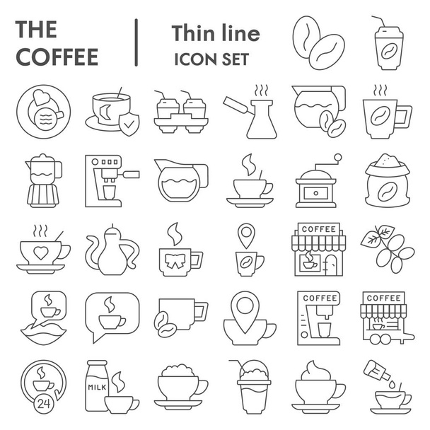 コーヒーの細い線のアイコンセット。カフェインやカフェの看板コレクション、スケッチ、ロゴイラスト、ウェブシンボル、白い背景に隔離されたアウトラインスタイルのピクトグラムパッケージ。ベクトルグラフィックス. - ベクター画像