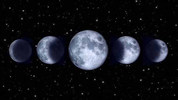 Illustration de rendu 3D des phases de lune sur fond étoilé foncé. (D'après une carte d'images de la NASA
) - Photo, image