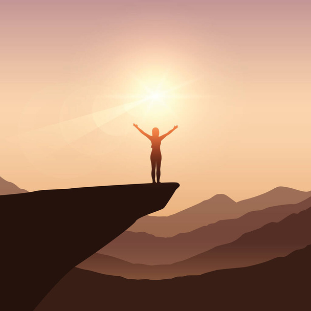 niña con los brazos levantados en una silueta de acantilado con fondo de montaña
 - Vector, Imagen