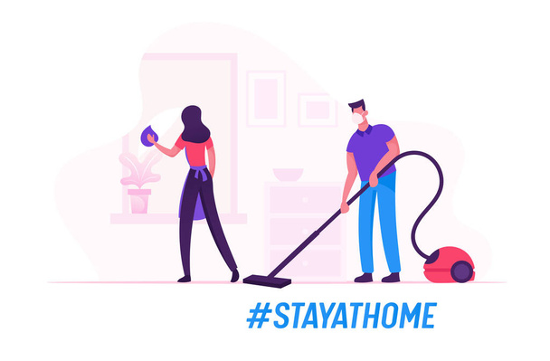 Happy Couple in Medical Masks Homework Duties and Everyday Activity during Covid19 Quarantine Self Isolation. Characters Cleaning House Wiping Window, Vacuuming Rag. Cartoon Vector People Illustration - Vector, Image