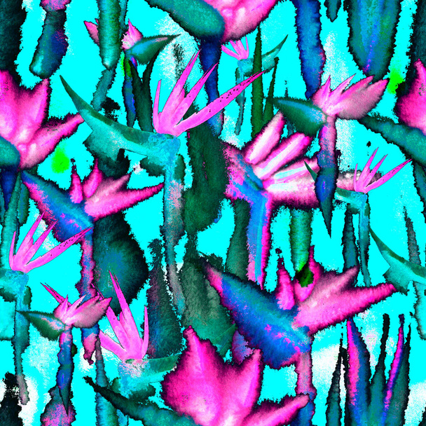 tropical jungle exotic floral print bright vivid seamless pattern endless repeat vibrant - 写真・画像