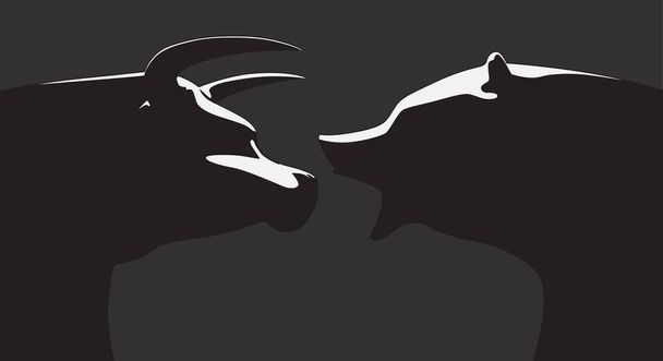 A vektor illusztrációja két öntvények ábrázoló stilizált bika szemben egy medve drámai fényben képviselő pénzügyi piaci trendek sötét alapon - Vektor, kép