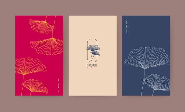 Set of minimal banner for branding packaging. Tropical summer plant and leaf with shadow background. For spa resort luxury hotel, yoga, beauty, cosmetic, organic texture. Ginkgo leaf drawing line, vector illustration. - Vektor, obrázek