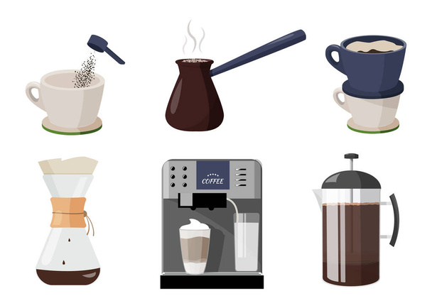 Kahve yapmanın birkaç yolu var. Farklı kahve hazırlama yöntemleri. Kahve makinesi, kahve fincanı, fransız presi, kemex, purover, cezve veya ibrik. Kahve dükkanının el yapımı koleksiyonu . - Vektör, Görsel