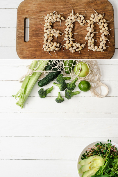 collage van eco-woord gemaakt van spruitjes, groen fruit en groenten in string bag en kom van microgroen en avocado op witte houten tafel - Foto, afbeelding