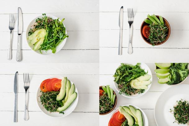 Collage aus Schalen mit frischem grünen Gemüse und mikrogrünem Besteck auf weißer Holzoberfläche - Foto, Bild