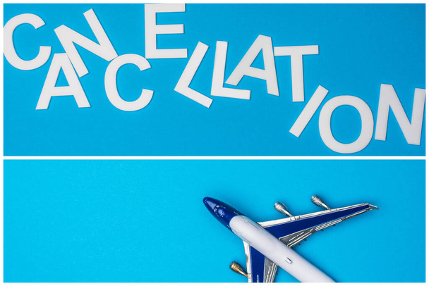 青い背景に文字のキャンセルとおもちゃの飛行機のコラージュ - 写真・画像