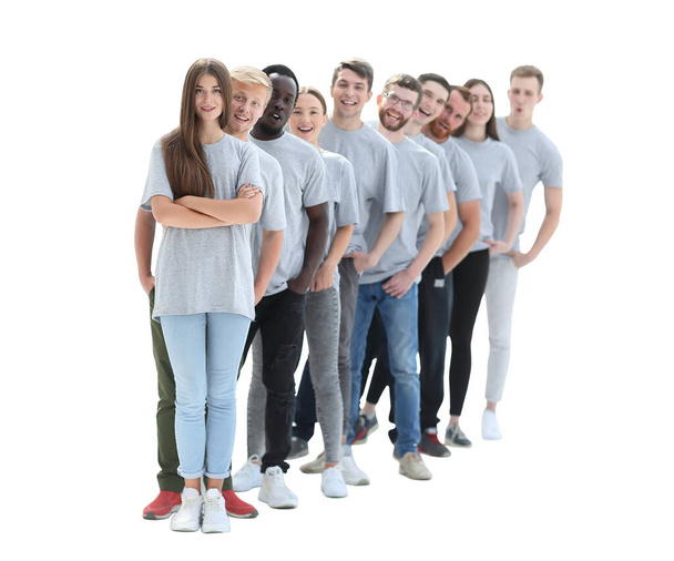 Gruppe junger Leute in grauen T-Shirts in einer Reihe stehend - Foto, Bild