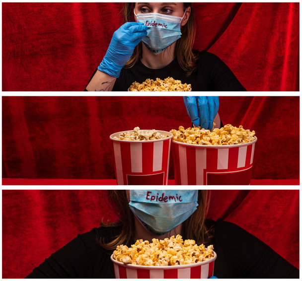 Collage of young woman in medical mask with epidemic lettering holding popcorn with red velour at background - Фото, изображение