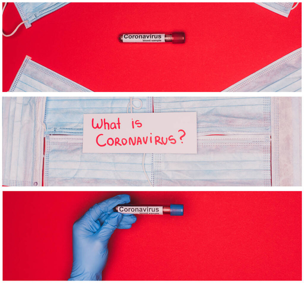 Collage of doctor holding test tube with blood sample and card with lettering what is coronavirus on medical masks on red surface - Fotografie, Obrázek