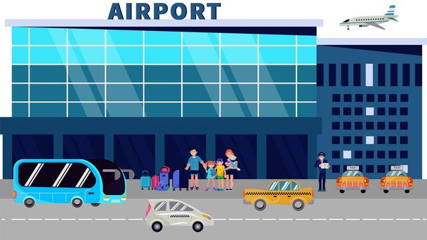 Passengers stand at the airport terminal and wait for a taxi flat vector illustration. - Vektor, obrázek