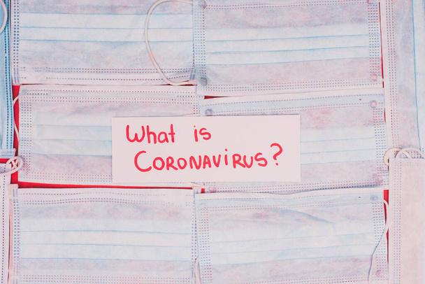 Draufsicht der Karte mit Coronavirus-Schriftzug auf medizinischen Masken auf roter Oberfläche - Foto, Bild