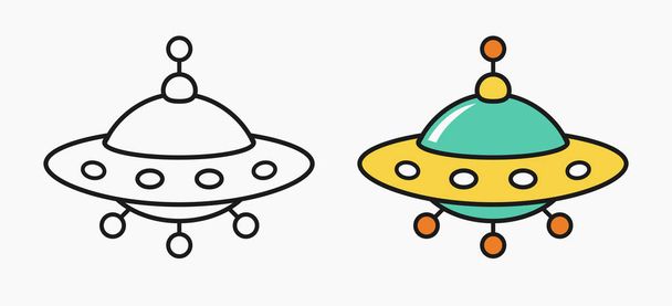 UFO icon, unknow flying object cartoon linear illustration for children coloring book, simple line child drawing, vector illustration - Vector, Image