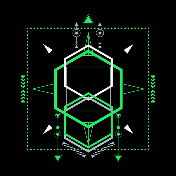 Színes szent geometria körvonalazza formák fekete háttér. Szent misztikus jelek sorakoznak fel. Illusztráció zöld és fehér vonalak alakja. Használható háttér, póló, mágikus kézműves. - Vektor, kép