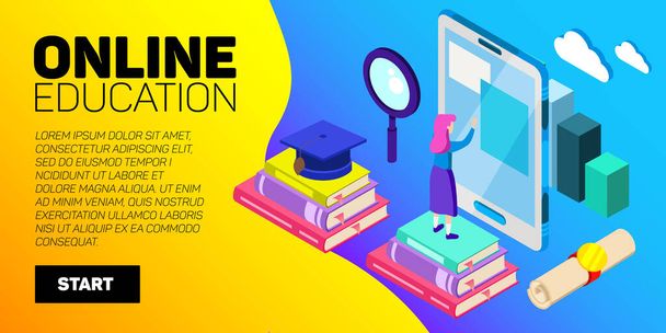 Isometric online education vector banner. E-learning. Imagination ad creativity. - Vetor, Imagem