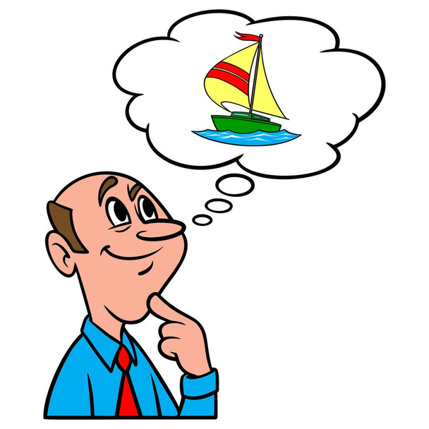 Pensando em um barco à vela - Uma ilustração dos desenhos animados de um homem pensando em um novo barco à vela
. - Vetor, Imagem