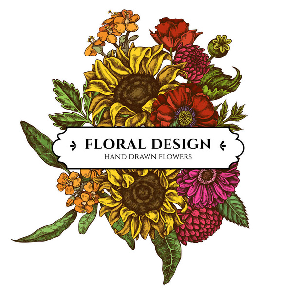 花の花束のデザインと色ポピーの花、ガーベラ、ひまわり、ミルク雑草、ダリア、ヴェロニカ - ベクター画像