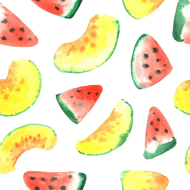 Melon and watermelon slices watercolor on a white background. Seamless pattern - Φωτογραφία, εικόνα