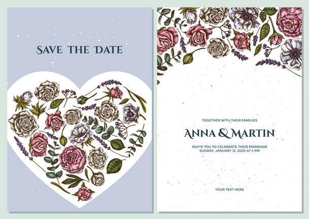 色のバラと結婚式の招待状、アネモネ、ユーカリ、ラベンダー、牡丹、ビブラム - ベクター画像