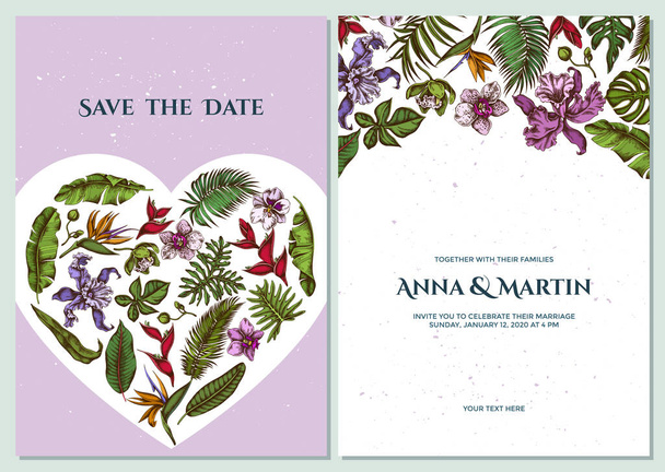 Πρόσκληση γάμου κάρτα με χρωματιστά monstera, φύλλα φοίνικα μπανάνα, strelitzia, heliconia, τροπικά φύλλα φοίνικα, ορχιδέα - Διάνυσμα, εικόνα