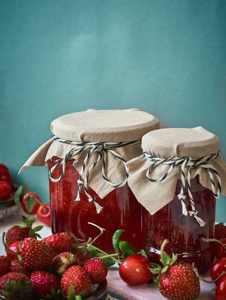 Natural strawberry jam in jars. - Photo, Image
