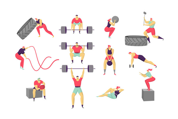 Cross fit mensen training, stripfiguren workout, set geïsoleerd op wit, vector illustratie - Vector, afbeelding