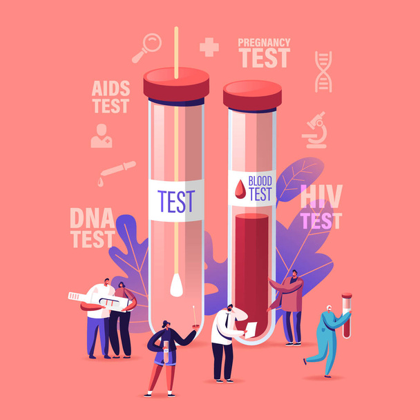 Express Blood Test Concept. Tiny Male and Female Characters at Huge Glass Flasks. People Giving Lifeblood for Detection of Pregnancy and Diseases, Hiv, Aids, Dna, Covid 19. Cartoon Vector Illustration - Vector, Image