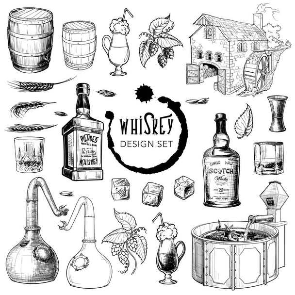 Set di elementi di design correlati al whisky. Utile per bar pub o distilleria branding e decorazione
 - Vettoriali, immagini