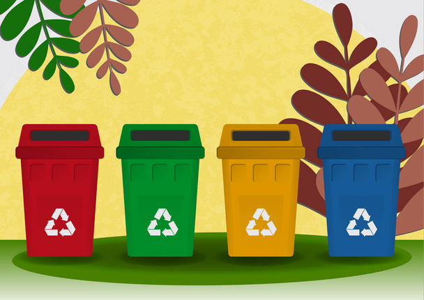 Collecte séparée des ordures, des conteneurs à ordures de couleur vive pour les déchets, les plantes. Le concept d'environnement, d'écologie. Conception pour bannière, couverture, page web. Illustration vectorielle
 - Vecteur, image