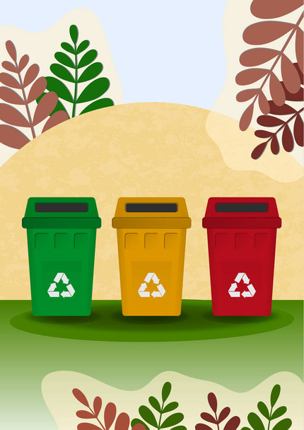 Aparte inzameling van afval, felgekleurde vuilnisbakken voor afval, planten. Het begrip milieu, ecologie. Ontwerp voor banner, omslag, website pagina. Vectorillustratie - Vector, afbeelding