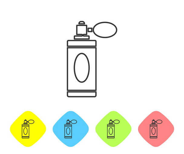 Línea gris Botella Aftershave con icono atomizador aislado sobre fondo blanco. Icono de spray de Colonia. Frasco de perfume masculino. Establecer iconos en los botones de rombo de color. Ilustración vectorial
 - Vector, imagen