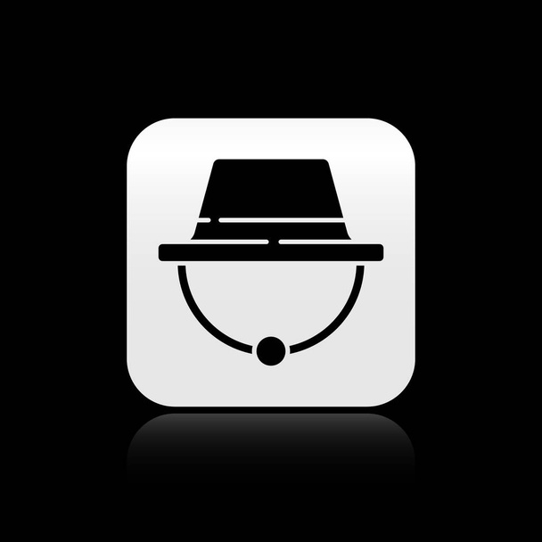 Icono de sombrero de camping negro aislado sobre fondo negro. Sombrero de playa panama. Explorador de los viajeros sombrero para la caza, senderismo, turismo. Botón cuadrado plateado. Ilustración vectorial
 - Vector, imagen