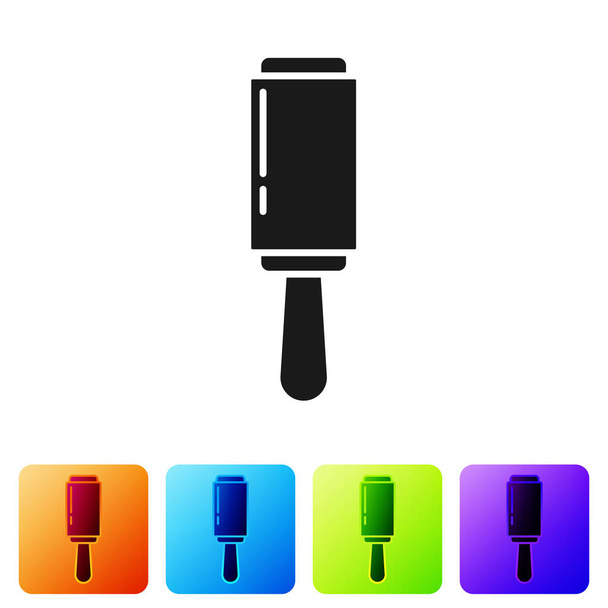 Black Adhesive roller for cleaning clothes icon isolated on white background. Getting rid of debris, dust, hair, fluff, pet wool. Set icons in color square buttons. Vector Illustration - Vector, Image