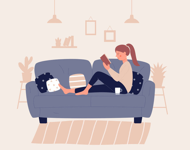 Dívka sedící na pohovce nebo gauči s polštářem nepřečtenou knihou. Mladá žena odpočívá v útulné atmosféře svého pokoje, bytu, domova. Relax koncept charakter plochý design vektorové ilustrace, moderní životní styl. - Vektor, obrázek