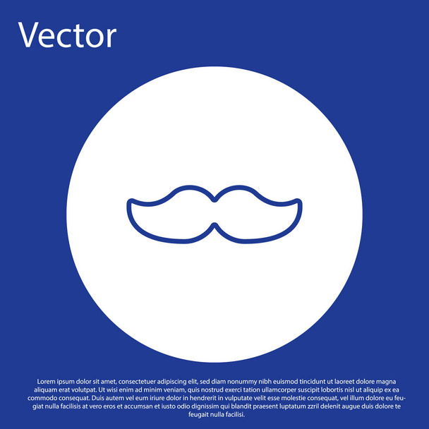 Μπλε γραμμή Mustache εικονίδιο απομονώνονται σε μπλε φόντο. Σύμβολο κουρείου. Μαλλί προσώπου. Λευκό κουμπί κύκλου. Εικονογράφηση διανύσματος - Διάνυσμα, εικόνα