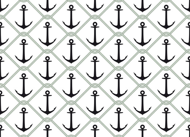 Seamless vector texture black steel ship anchor and intertwined with ropes. White background. - Vecteur, image