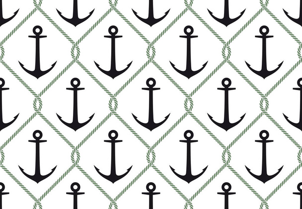 Seamless vector texture black steel ship anchor and intertwined with ropes. White background. - Διάνυσμα, εικόνα