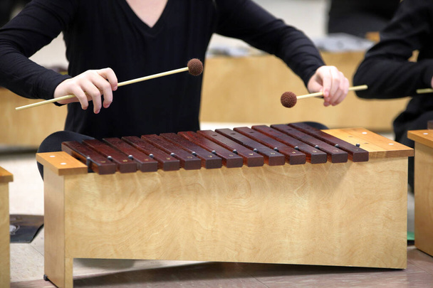 Student grający diatoniczny Xylophone używany przez uczniów w szkole do nauki muzyki i sztuki. - Zdjęcie, obraz