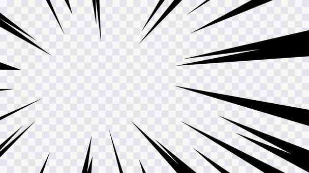 Abstraktní komiks flash exploze radiální čáry na průhledném pozadí. Vektorová ilustrace superhrdina design. Jasně černý proužek světla praskl. Záře blesku. Rychlostní čáry Manga frame. Anime. - Vektor, obrázek