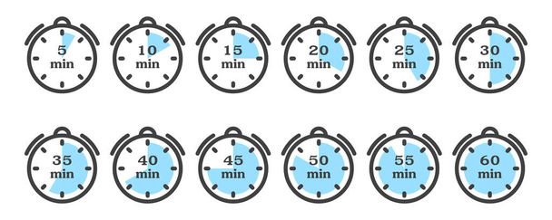 Иконка таймера и секундомера. Минималистическое изображение часов с различными вариантами минутных индикаторов, кратным пяти. Изолированный вектор на белом фоне
. - Вектор,изображение