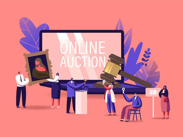 Online Auction Concept. Auctioneer, People Collectors Buying Assets in Internet. Tiny Male and Female Characters at Huge Laptop and Gavel Holding and Rising Bid Boards. Cartoon Vector Illustration - Vector, Image